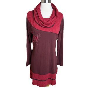 Coline Boho Cowl Neck Dress Womens Large Brown Red Long Sleeve Artwear